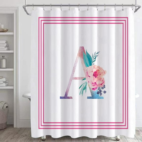 Pink Shower Curtain,White Fabric Shower Curtains for Bathroom,Watercolor Floral Art A Word Bath Curtain Sets with 12 Hooks 72x72in,Waterproof Fabric