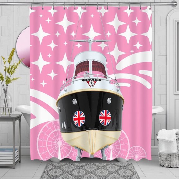 Pink Shower Curtain with White Star Pattern & Boat Design - Stylish Bathroom Decor