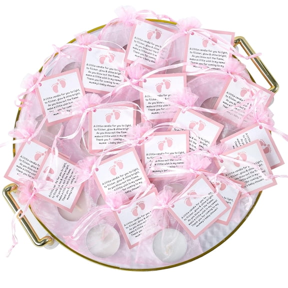Pink Shower Tealight Candles Set of 50, Gender Reveal Party Favors, Christening Guest Gifts with Blessing Cards and Organza Pouches