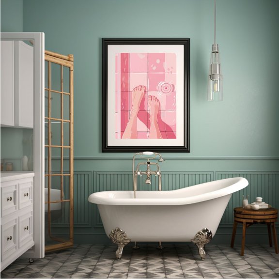 Pink Shower Wall Art Feet Shower Feet Cute Shower Illustration, Unframed Poster