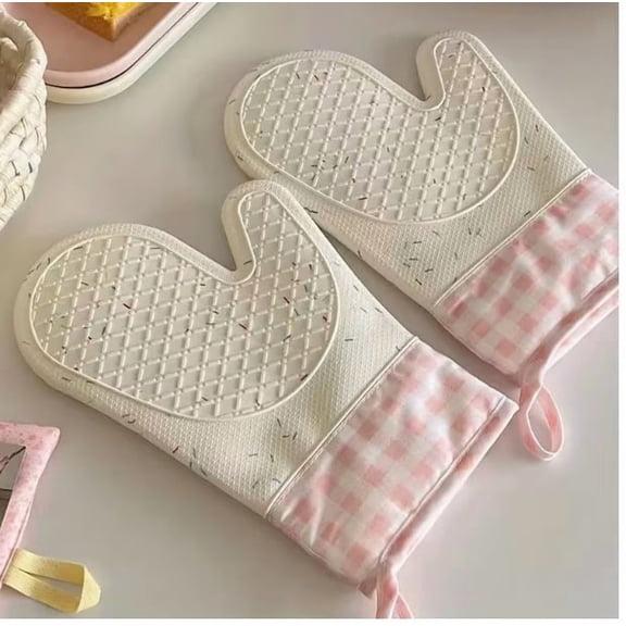 Pink Silicone Kitchen Gloves - Heat-Resistant Non-Slip Cooking & Cleaning Gloves with Stylish Plaid Design