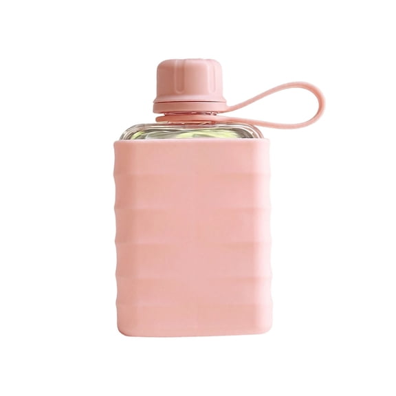 Pink Silicone Sleeve Square Glass Water Bottle, Mini Portable Lidded Travel Flask with Carry Loop for Casual Gift Preparation