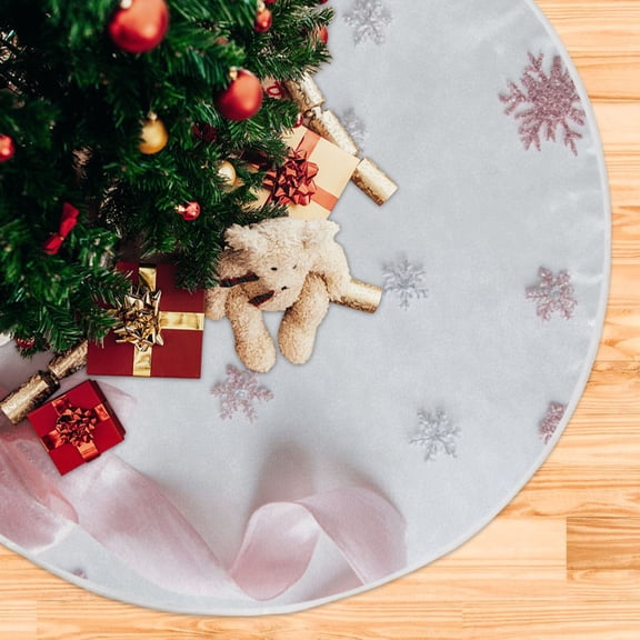 Pink Silk Bows Snowflakes Christmas Valentine Christmas Tree Skirt Opening Design Floor Mat Holiday Decor 35 inch