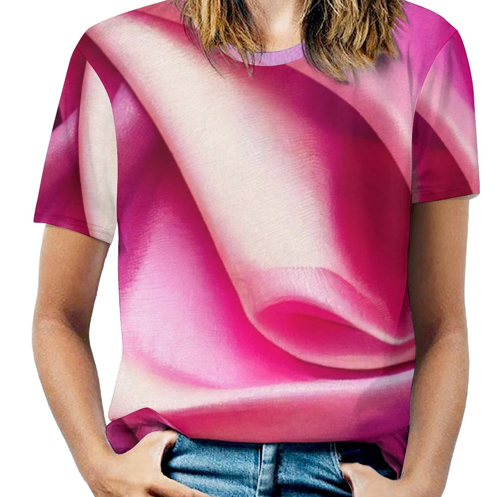 Pink Silk Fabric 1 Ruffle Short Sleeve T Shirt Women Summer T Shirts V