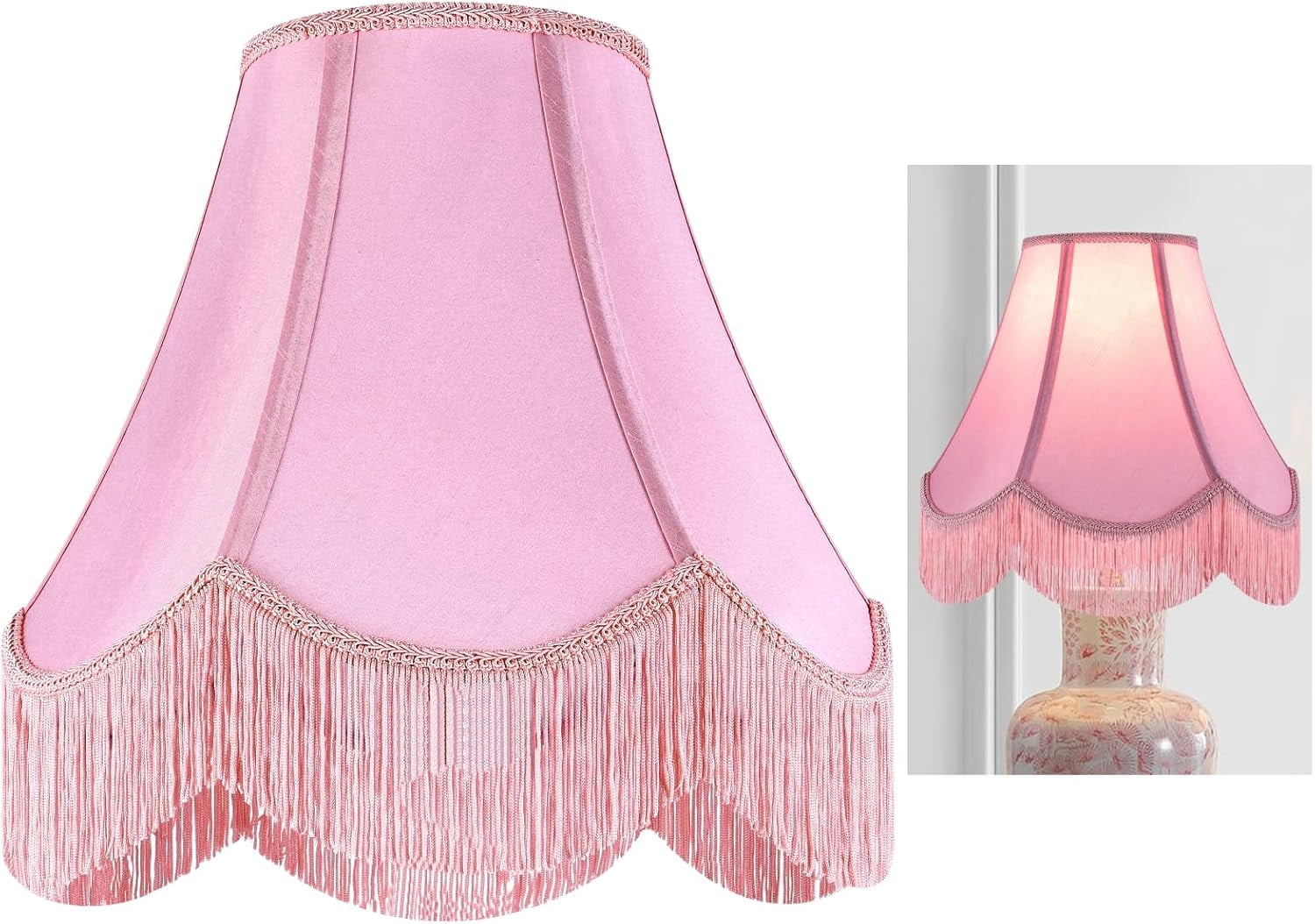 Pink Silk Fabric Bell Lamp Shades Set of 1, Victorian Fringe Trim Scalloped Lamp Shade 6"x13"x10.6"(Spider),Replacement Shades for Table,Floor Lamps,Nordic Decor,Easy Assembly, Hand Crafted By