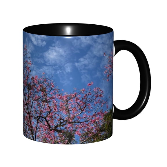 Pink Silk Floss Tree Blossoms Against Bright Blue Sky White Wispy Clouds Spring Floral Nature Landscape Ceramic Mug 11oz, Beautiful Outdoor Flower Tree Coffee Cup
