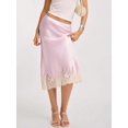 thumbnail image 1 of Pink Silk Satin Midi Skirt With Lace Trim Elastic Waist A-Line Flowy, 1 of 6