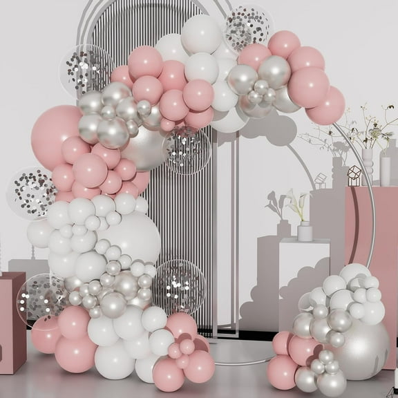 Pink and Silver Balloons Arch Kit, 134pcs Metallic Silver,Pastel Pink,Confetti Balloons Garland Kit for Winter Wonderland Baby Shower Princess Birthday Party Bridal Shower Wedding Party Decoration