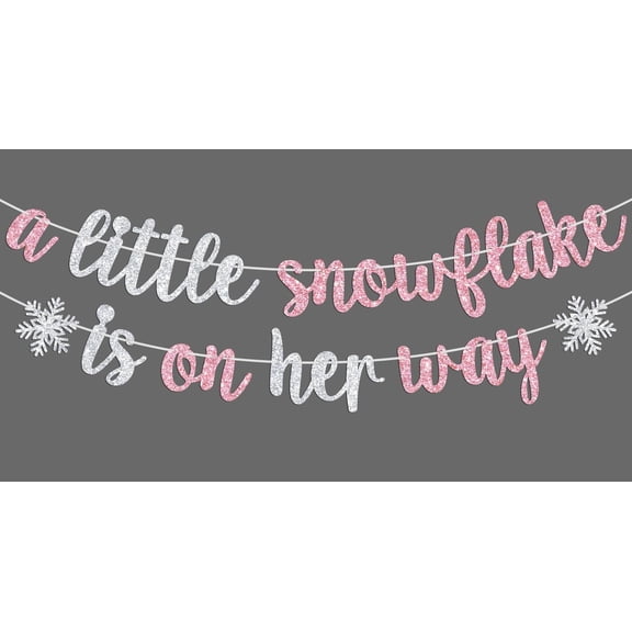 Pink Silver Glitter A Little Snowflake Is On Her Way Banner with Snowflake Cutouts, Winter Girl Baby Shower Decor