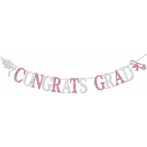 Pink Silver Glitter Congrats Grad Banner with Grad Cap & Diploma Cutouts, Graduation Party Hanging Sign Decor for Senior Graduation Celebration