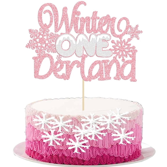 Pink & Silver Glitter Winter Onederland Cake Topper, Single Piece Snowflake Mountain Cursive Design Premium Winter Girl 1st Birthday Cake Decorations for Baby Party Favors