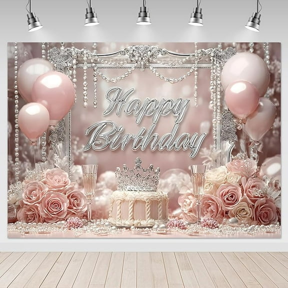 Pink Silver Happy Birthday Backdrop Pink Rose Balloons Birthday Photography Background for Women Girls Glitter Crown Pearl Birthday Party Decorations Banner Supplies Photo Booth Props
