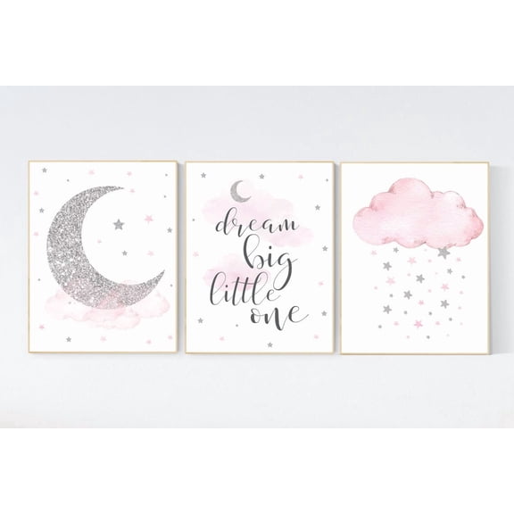 Pink Silver Moon Nursery Wall Art Prints, Clouds And Stars, Nursery And Gallery Wall Decor