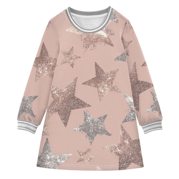 Pink Silver Shining Stars Long-sleeved Dress A-line One-Piece Dress for 2-8 Years Casual Party 3T