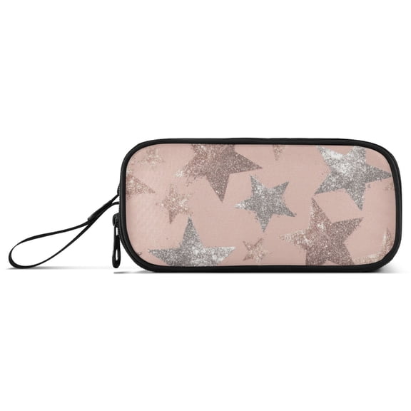 Pink Silver Shining Stars Pencil Case Stationary Holder Pen Bag Pencil Pouch Tool Organizer 3 Compartments