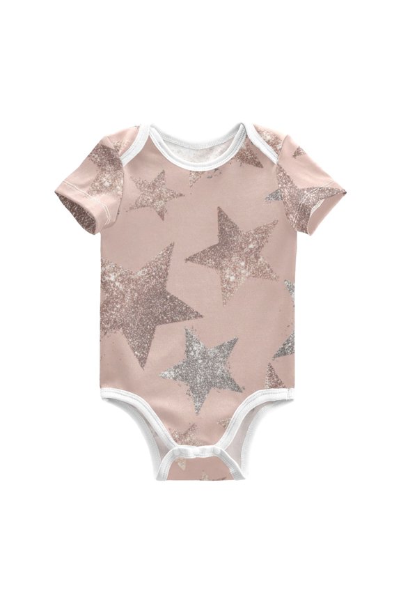 Pink Silver Shining Stars Pure Cotton Bodysuit Short Sleeve Pajamas One-Piece Romper Unisex 3 Months