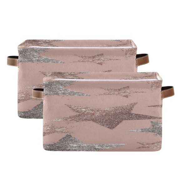 Pink Silver Shining Stars Square Storage Bins with Handles Collapsible Containing Box 2 Packs