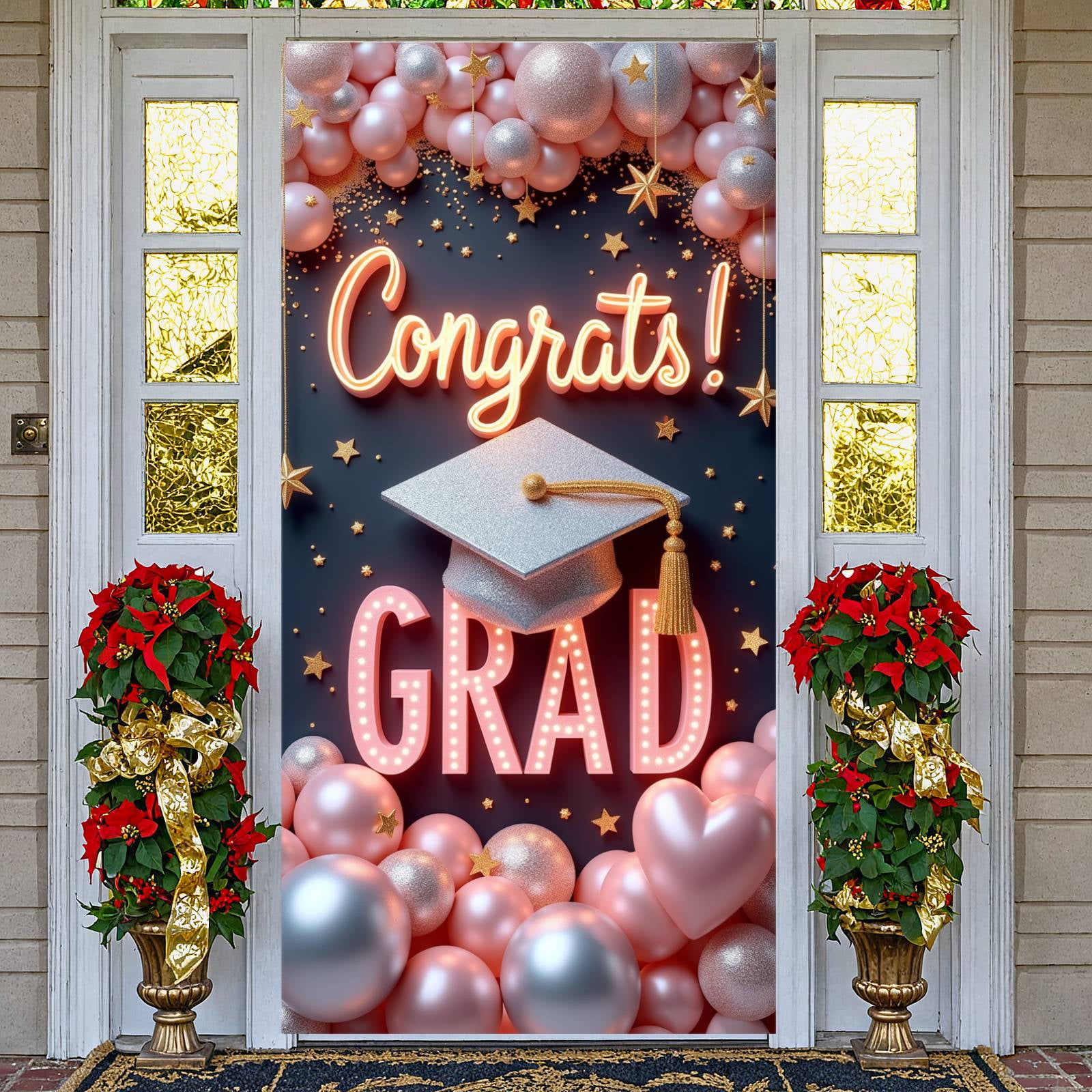 Pink Silver Theme Graduation Banner Neon Lights Grad Backdrop Gold ...