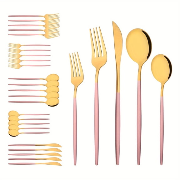 Pink Silverware Set, 30 Pieces Stainless Steel Color Handle Flatware, Service For 6, Cutlery Set Includes Forks Spoons Knives, Use For Daily Use, Restaurant, Wedding, Party, Mirror Polished