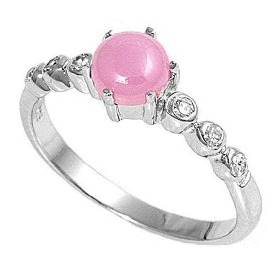 Pink Simulated Opal Cabochon Solitaire Ring Sterling Silver Band CZ 925 Jewelry Female Size 7
