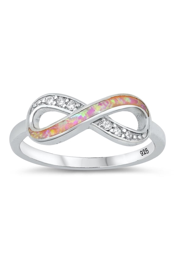 Pink Simulated Opal Cubic Zirconia Infinity Ring Sterling Silver Size 12