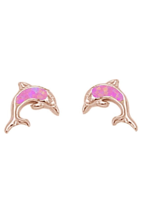 Pink Simulated Opal Dolphin Stud Earrings Rose Gold-Tone Plated Sterling Silver