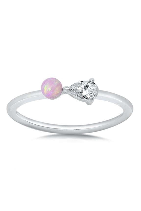 Pink Simulated Opal Pear Shape Clear Cubic Zirconia Classic Ring Sterling Silver Size 7