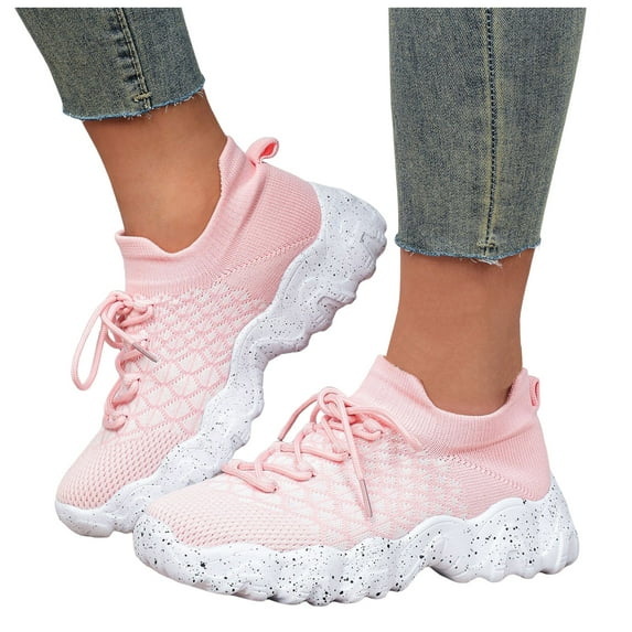 Women's Walking Shoes Slip On Sneakers Non Slip Gym Workout Mesh Casual Sock Trainers Breathable Lace Up Tennis Shoes Pink Size 11