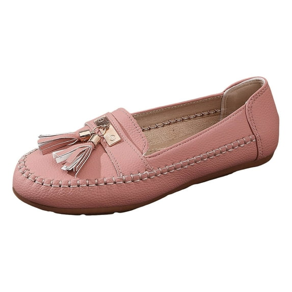 Loafers for Women Slip On Comfortable Leather Tassel Dress Shoes Non Slip Stitch Low Top Flat Walking Shoes Pink Size 8