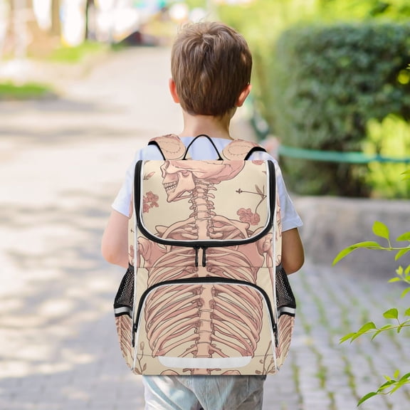 Pink Skeleton Flowers Backpack Big Laptop Backpack Casual Daypack Quilted Large Capacity Large Bookbags