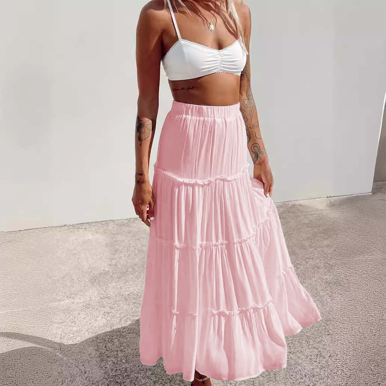 Pink Skirts for Women Long Maxi Skirts Elastic High Waist Tiered Flowy Long Skirt Pleated Swing A Line Maxi Summer Beach Skirt Midi Skirt Walmart