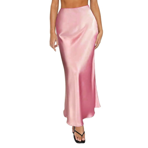 Pink Skirts for Women Spring Summer Skirts Satin Skirt High Waisted Maxi Cocktail Party Wedding A Line Long Skirts Maxi Skirt