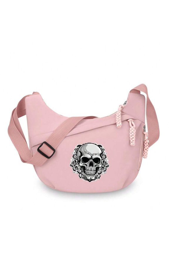 Pink Skull Print Crossbody Bag With Adjustable Strap And Floral Accents