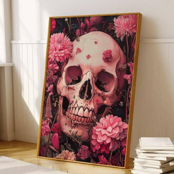 Pink Skull Print, Wall Decor, Gothic Skulls Pastel Art, Spooky Florals Art Wall Art, Modern Wall Decor, 8x12 UNFRAMED