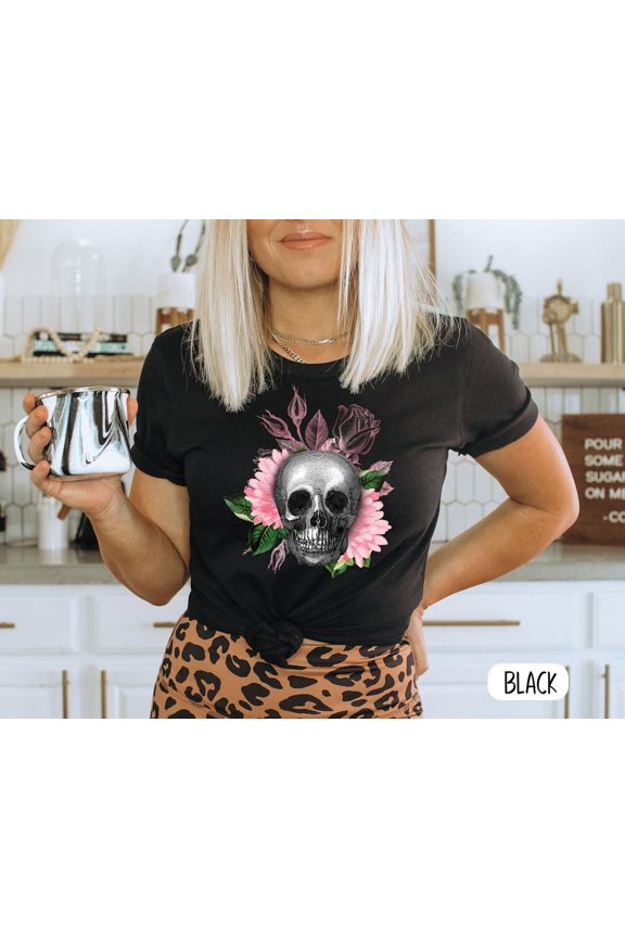 Pink Skull Shirt, Sugar Skull Shirt Gift For Her, Floral Skull, Flower Skull Shirt Sugar Skull T-Shirt Pink Sugar Skull T-Shirt Flower Shirt