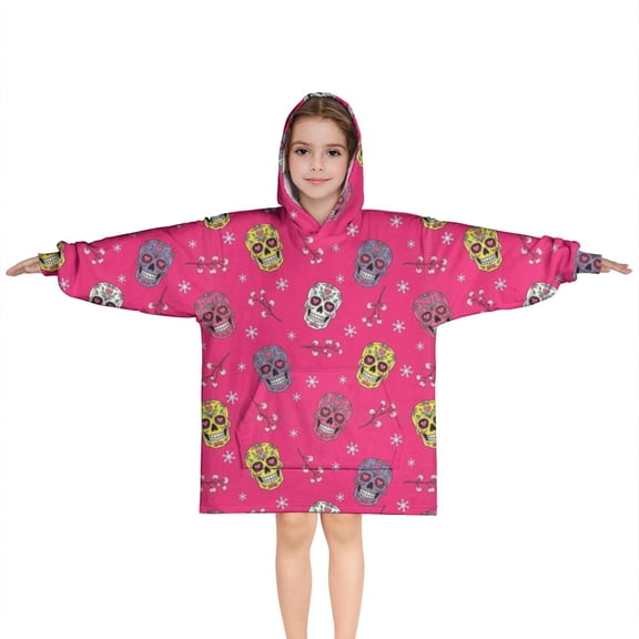 Pink Skull Snowflake Pattern Blanket Hoodies for Kids 6-13YR Oversize Wearable Blanket Hoodies for Boys Girls Teens