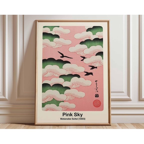 Pink Sky Birds Clouds Wall Art Print, Unframed Paper Poster 24x36in