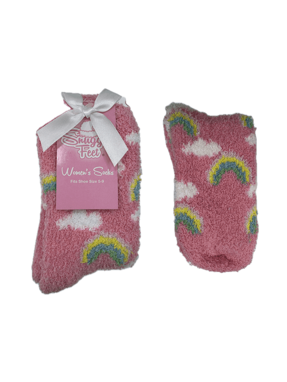 Pink Sky Cloud Rainbow Warm Fuzzy Snuggle Socks, Shoe Size 5-9, Sock Size 9-11