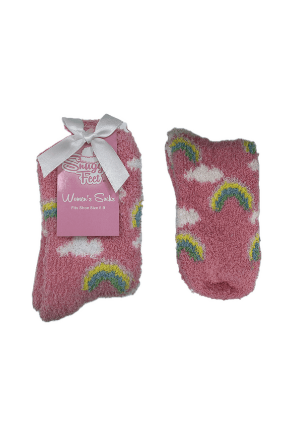 Pink Sky Cloud Rainbow Warm Fuzzy Snuggle Socks, Shoe Size 5-9, Sock Size 9-11