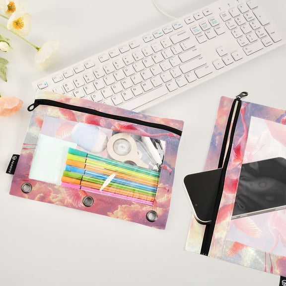 Pink Sky Flamingo 2 Pack Pencil Pouches Zipper Pencil Case 3 Ring Pencil Pouch Cosmetic Bag