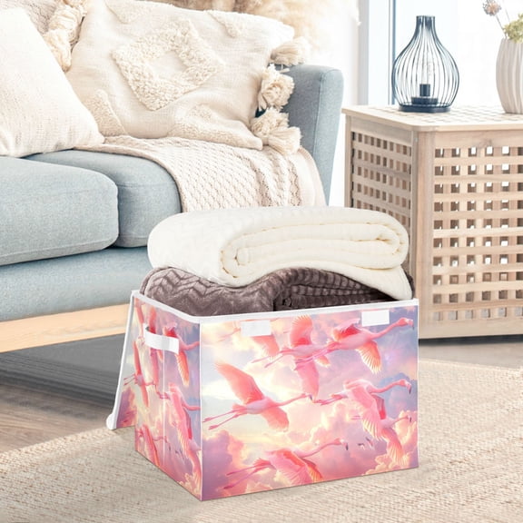 Pink Sky Flamingo Storage Basket Foldable Laundry Basket Shelf Kids Toy Storage Container Organizer with Handles
