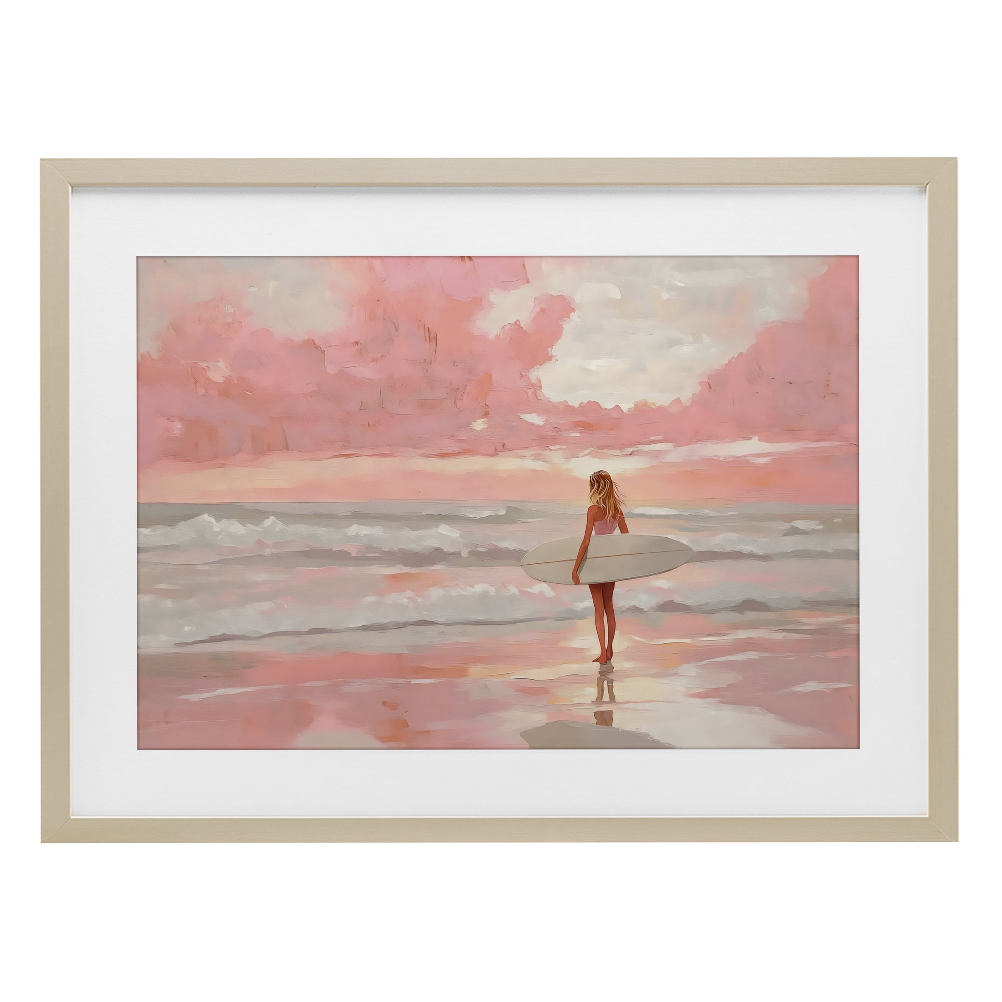 Pink Sky Surfer Birch Framed Print Under Glass, design by LSR Design Studio