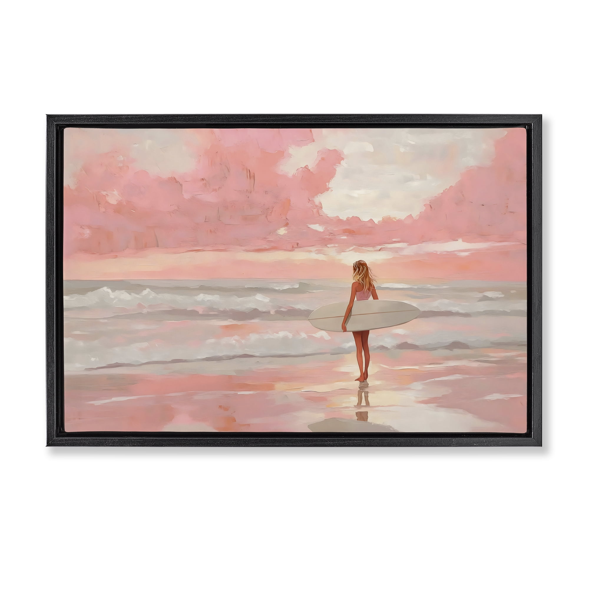 Pink Sky Surfer Black Framed Floater Canvas Wall Art, design by LSR Design Studio
