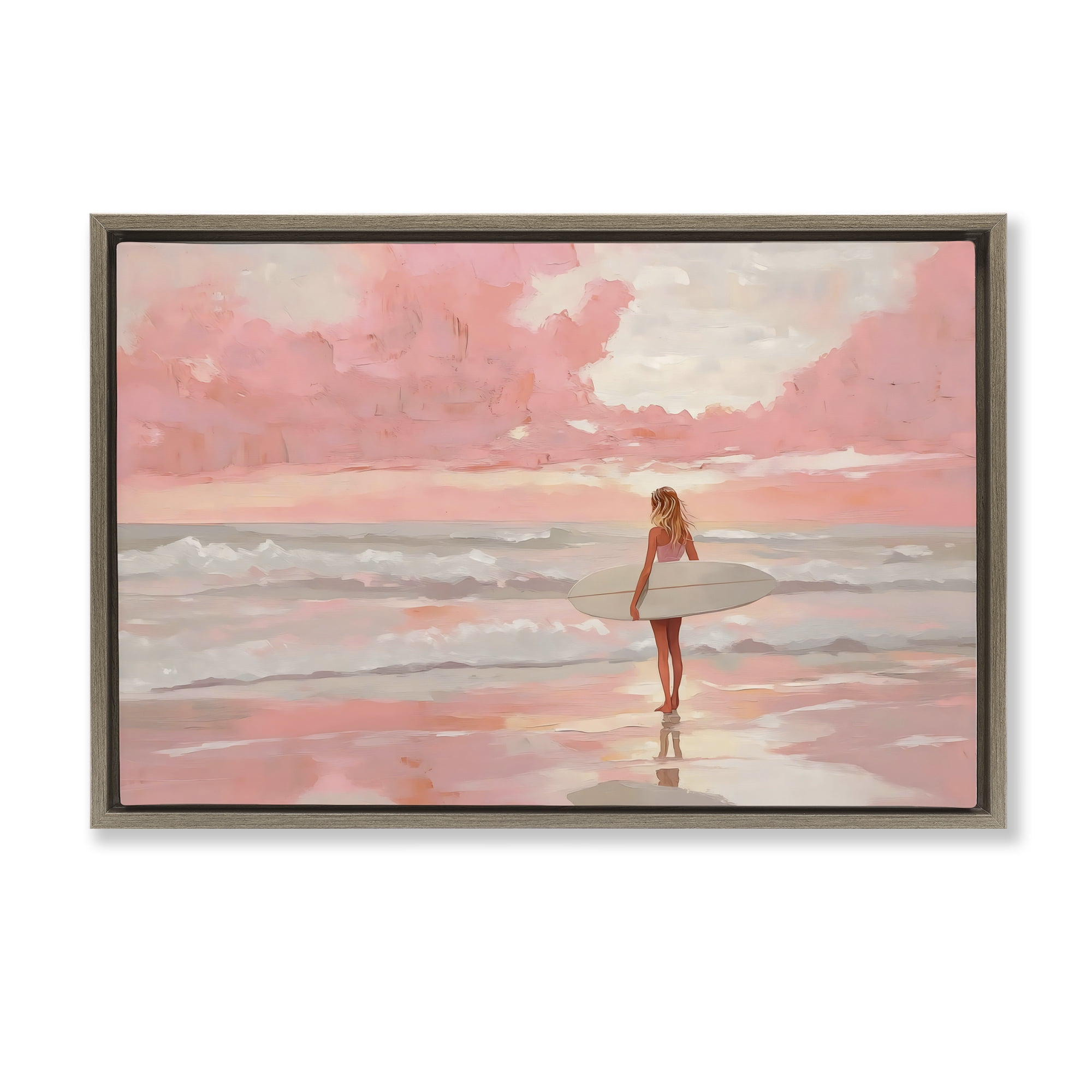 Pink Sky Surfer Brown Framed Floater Canvas Wall Art, design by LSR Design Studio