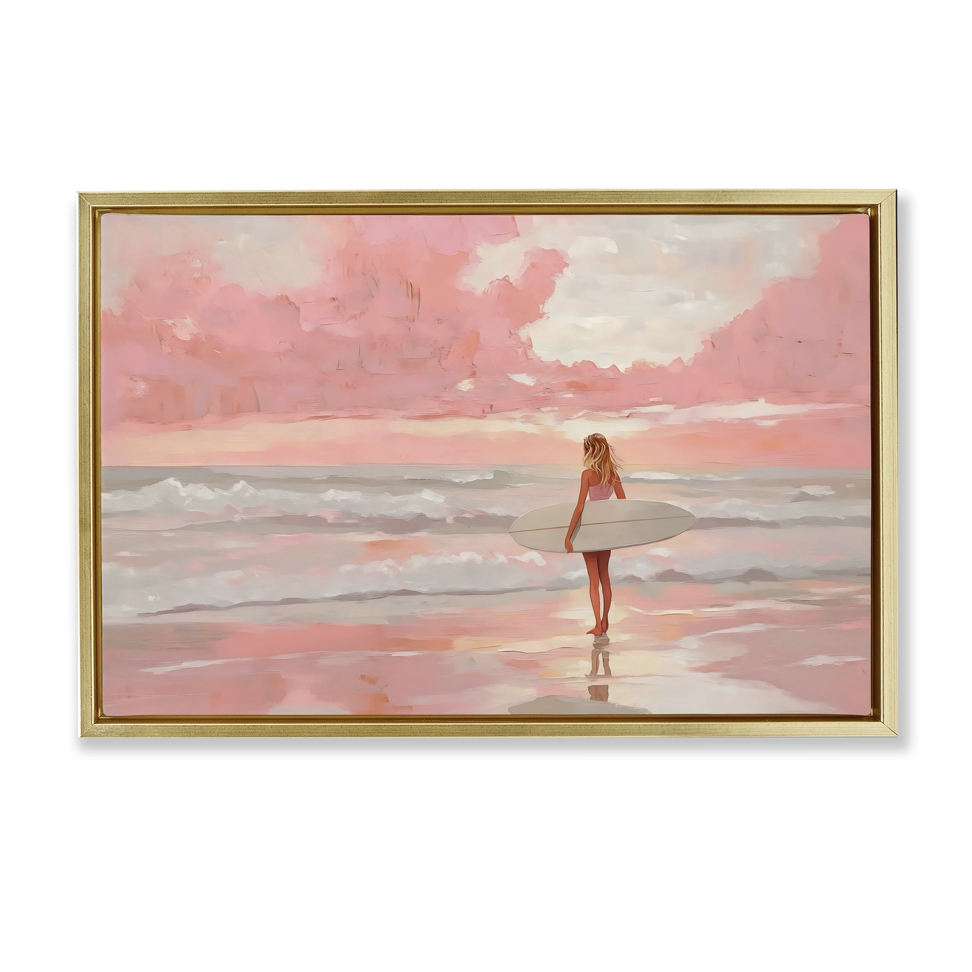 Pink Sky Surfer Gold Framed Floater Canvas Wall Art, design by LSR Design Studio