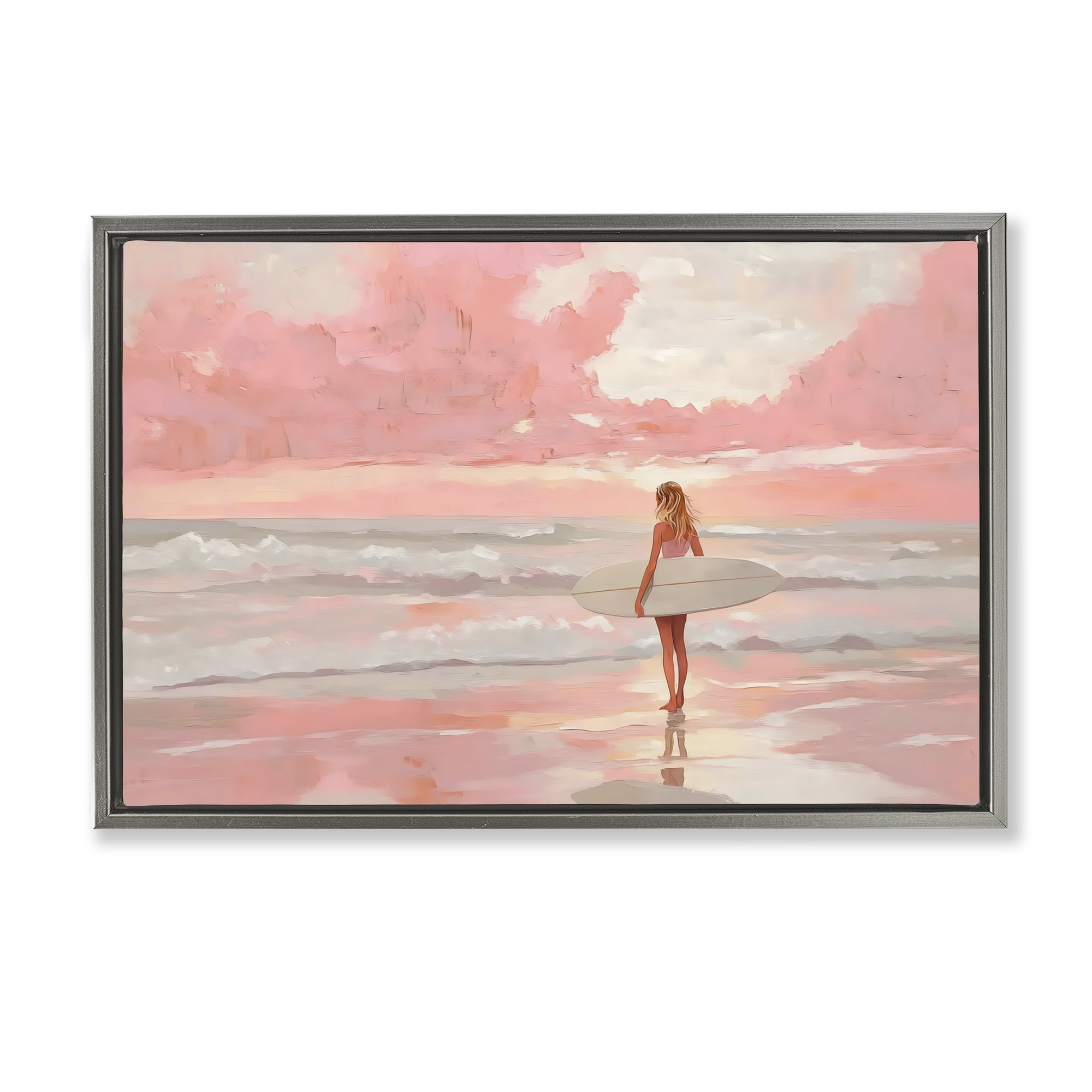 Pink Sky Surfer Gray Framed Floater Canvas Wall Art, design by LSR Design Studio