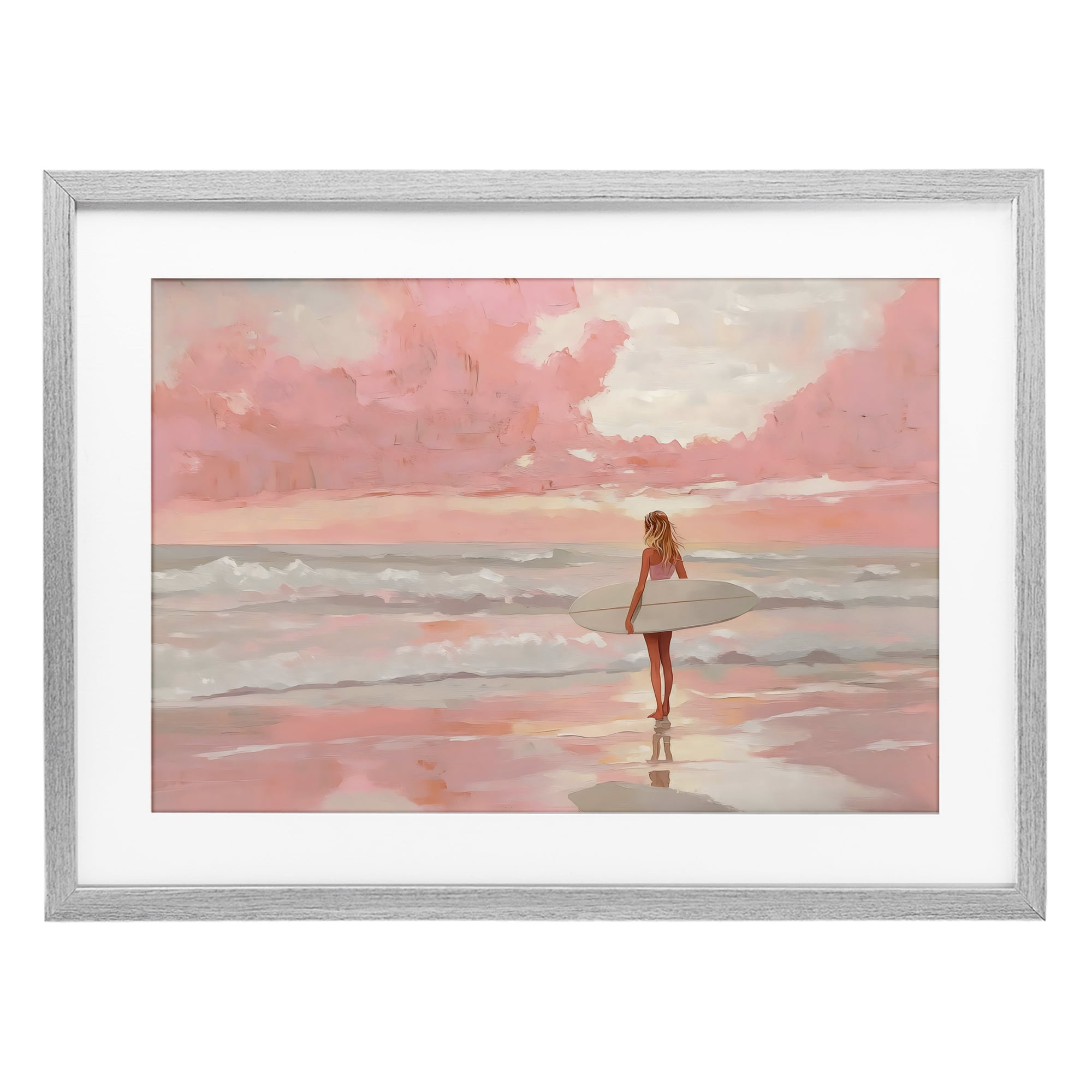 Pink Sky Surfer Gray Framed Print Under Glass, design by LSR Design Studio
