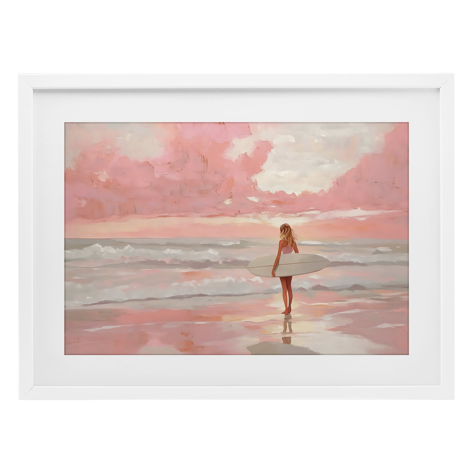 Pink Sky Surfer White Framed Print Under Glass, design by LSR Design Studio