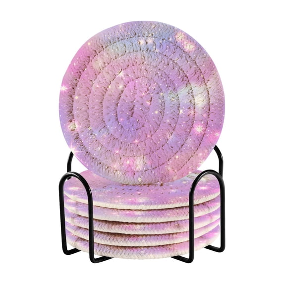 Pink Sky with Stars 6 Pcs Drink Coasters with Holder Absorbent Coasters Woven Coasters for Drinks Table Desk Protection Home Decor