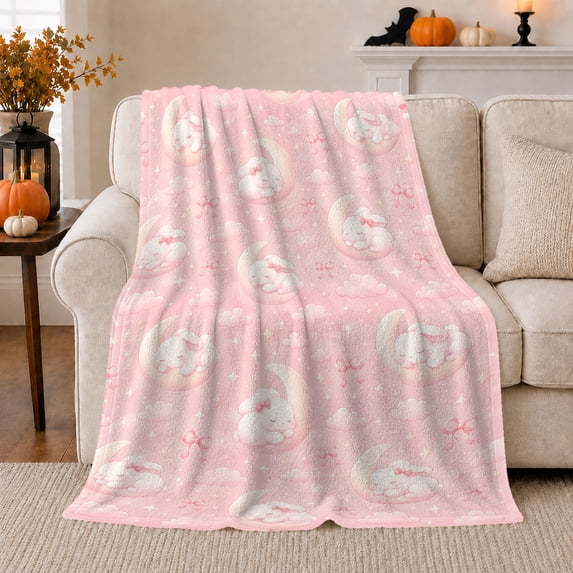 Pink Sleeping Moons with Clouds and Stars, Dreamy Nursery Style for Kids, Gentle Bedtime Motif and Baby Shower Gift, Cozy Flannel Blanket for Nursery and Bedroom, Home Decor